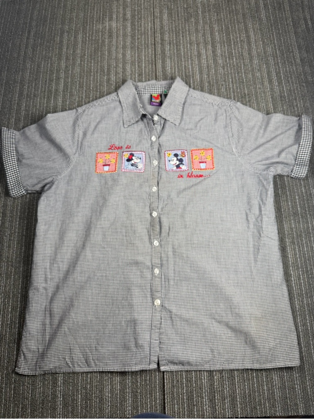 Vintage Disney Black Gingham Embroidered Minnie and Mickey Love is In Bloom